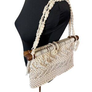 Vintage 1970s Ivory Macrame Crochet Shoulder Purse Bag Boho Hippie Wood Handles